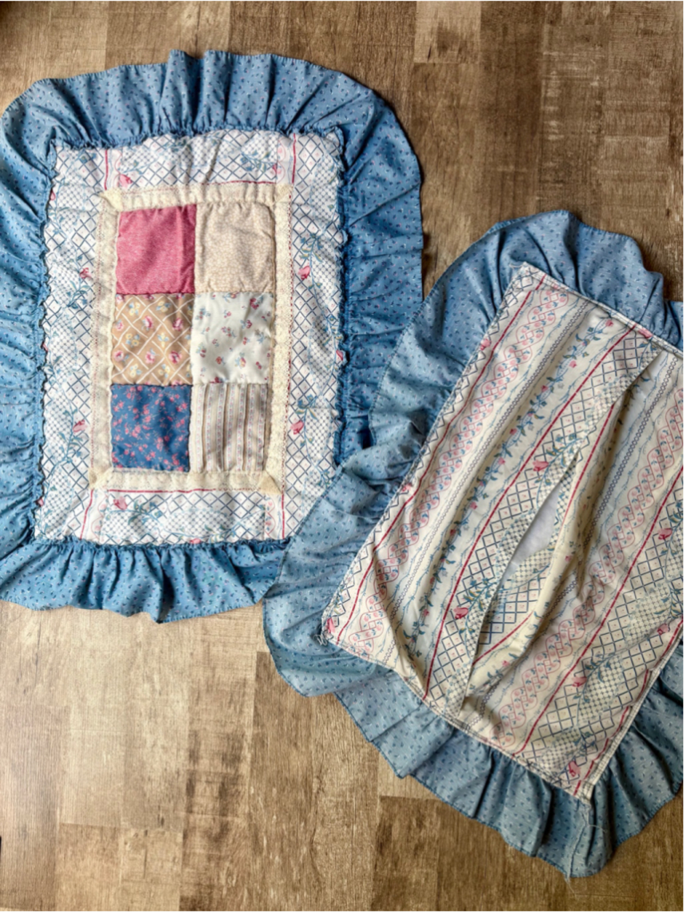 Vintage Floral Patchwork Quilted Pillow Shams Set of 2 Blue Ruffle Trim